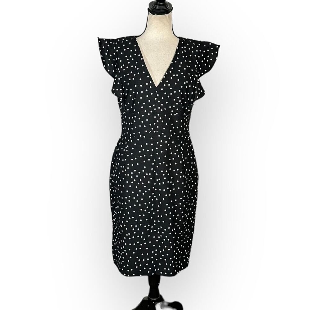 DKNY Sheath Dress Women's 8 Black White Polka Dot Ruffle Sleeve V-Neck
